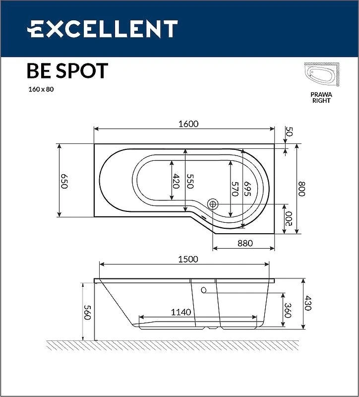 Акриловая ванна Excellent Be Spot 160x80 R WAEX.BSP16.RELAX.BR с гидромассажем