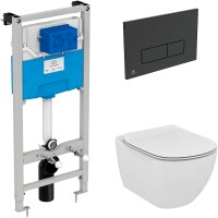 Комплект унитаза с инсталляцией Ideal Standard Tesi Aqua Blade TT00002/121A6 с сиденьем Микролифт и Черной матовой клавишей смыва фарфор подвесной