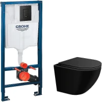 Унитаз с инсталляцией WellWant Aura WWU01122B + Grohe Rapid SL 38811KF0 с сиденьем Микролифт и Черной матовой клавишей смыва