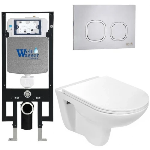 Комплект унитаза с инсталляцией WeltWasser AMBERG 497 + BAARBACH 004 GL-WT + AMBERG RD-MT CR 10000006593 цвет Белый глянцевый с сиденьем Микролифт и клавишей смыва цвет Хром матовый