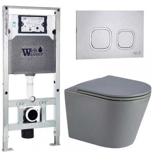 Комплект унитаза с инсталляцией WeltWasser AMBERG 506 ST + SALZBACH 043 MT-GR + AMBERG RD-MT CR 10000011584 цвет Серый матовый с сиденьем Микролифт и клавишей смыва цвет Хром матовый