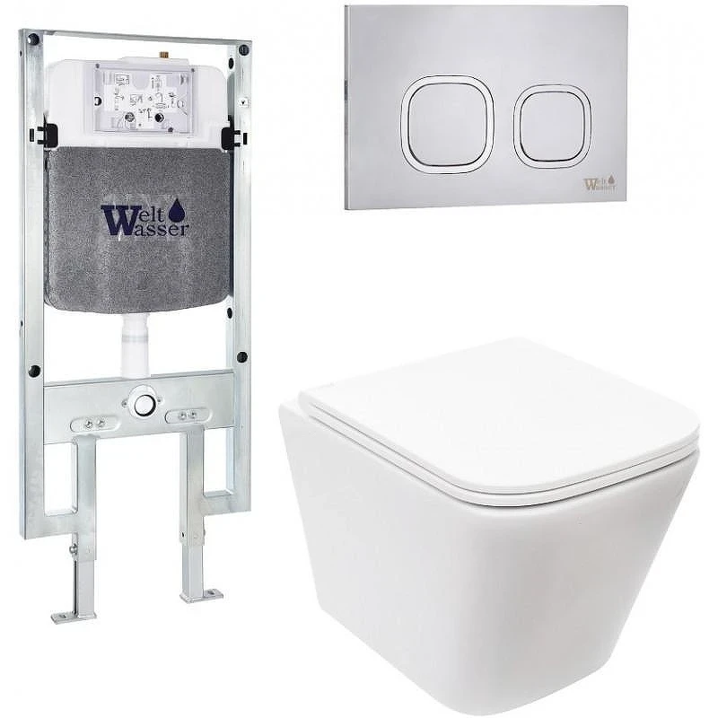 Комплект унитаза с инсталляцией WeltWasser AMBERG 497 ST + GELBACH 043 MT-WT + AMBERG RD-MT CR 10000011898 цвет Белый матовый с сиденьем Микролифт и клавишей смыва цвет Хром матовый