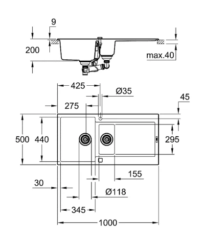 Кухонная мойка Grohe K500 100 31646AP0 Черный гранит искусственный камень (литьевой мрамор) встраиваемый