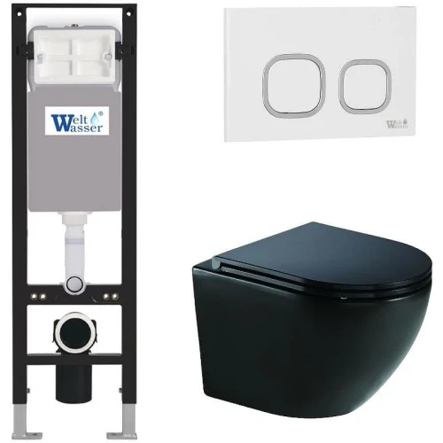 Комплект унитаза с инсталляцией WeltWasser AMBERG 350 + MERZBACH 041 XL MT-BL + AMBERG RD-WT 10000012367 цвет Черный матовый с сиденьем Микролифт и клавишей смыва цвет Белый