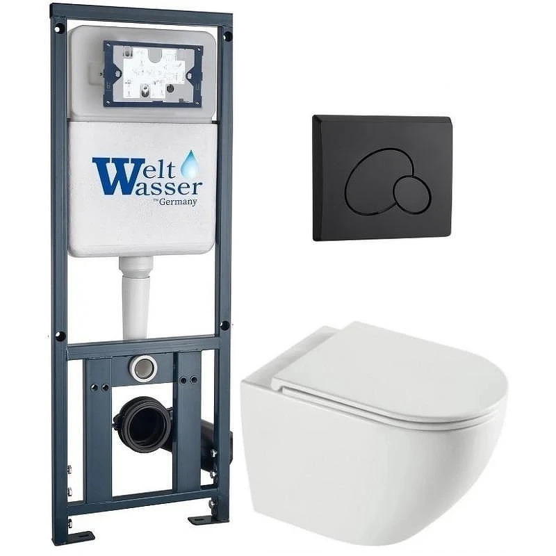 Комплект унитаза с инсталляцией WeltWasser MARBERG 410 + MERZBACH 043 XL GL-WT + MAR 410 RD MT-BL 10000013799 цвет Белый глянцевый с сиденьем Микролифт и клавишей смыва цвет Черный матовый