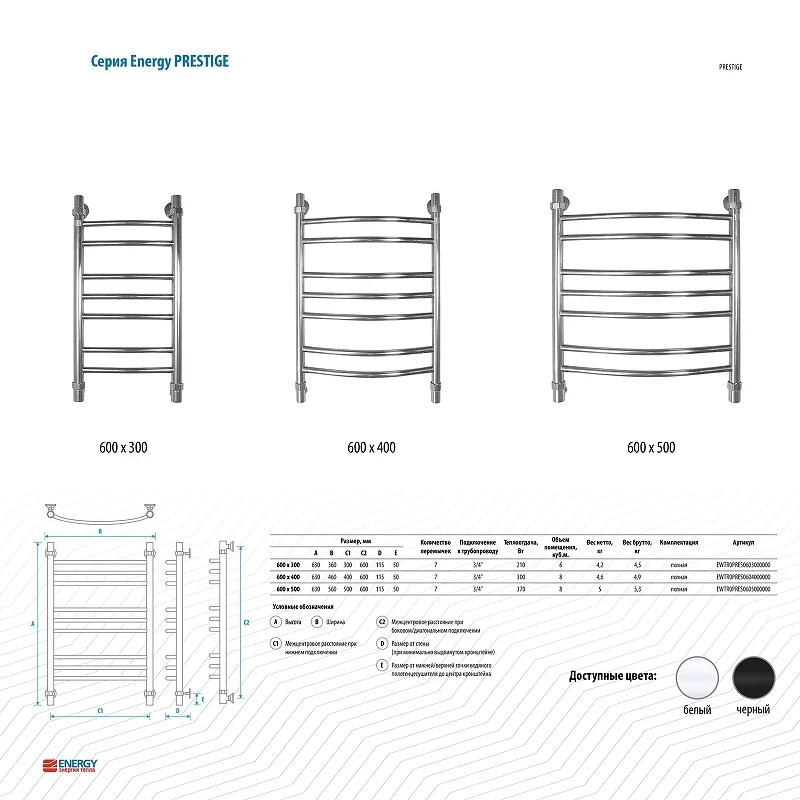 Водяной полотенцесушитель Energy Prestige 600х500 EWTR0PRES06050BLACK цвет Черный матовый
