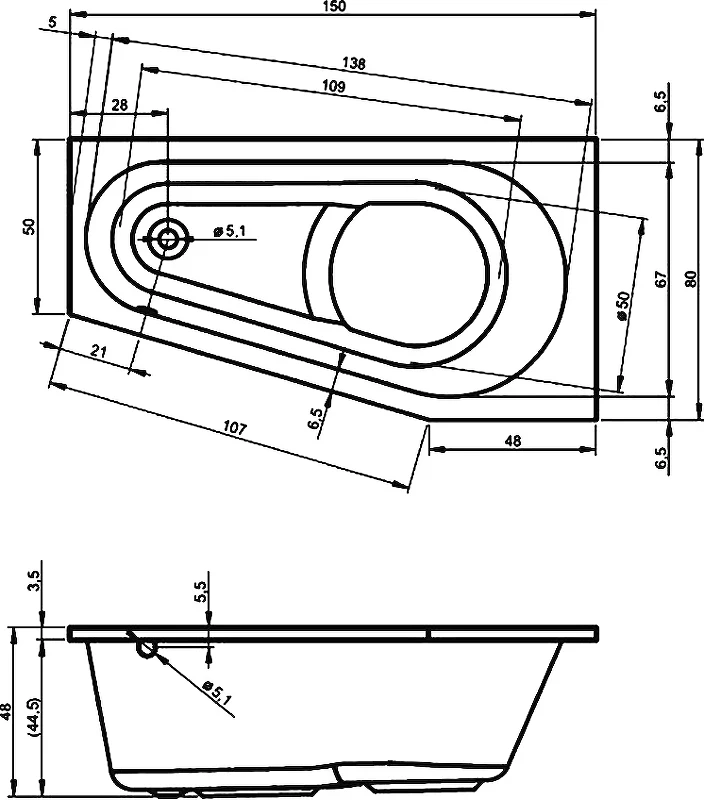 Акриловая ванна Riho Delta 150x80 B067001005 (BB8100500000000) L без гидромассажа