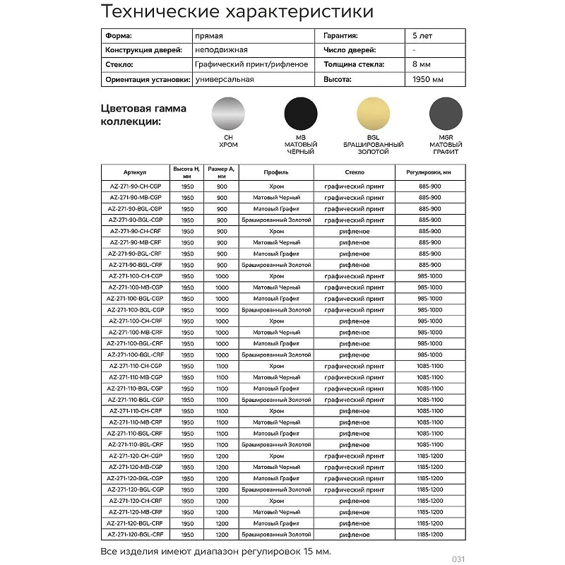 Душевая перегородка Azario Walk-In 100 AZ-271-100-MGR-CRF профиль Графит матовый стекло рифленое