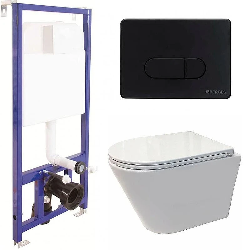 Комплект унитаза Koller Pool Orion OR-0515-RW с инсталляцией Berges Wasserhaus Novum D5 040235 с сиденьем Микролифт и Черной матовой клавишей смыва