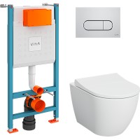 Комплект унитаза с инсталляцией Vitra Mia Round 9873B003-7201 с сиденьем Микролифт и клавишей смыва Хром глянцевый фарфор подвесной
