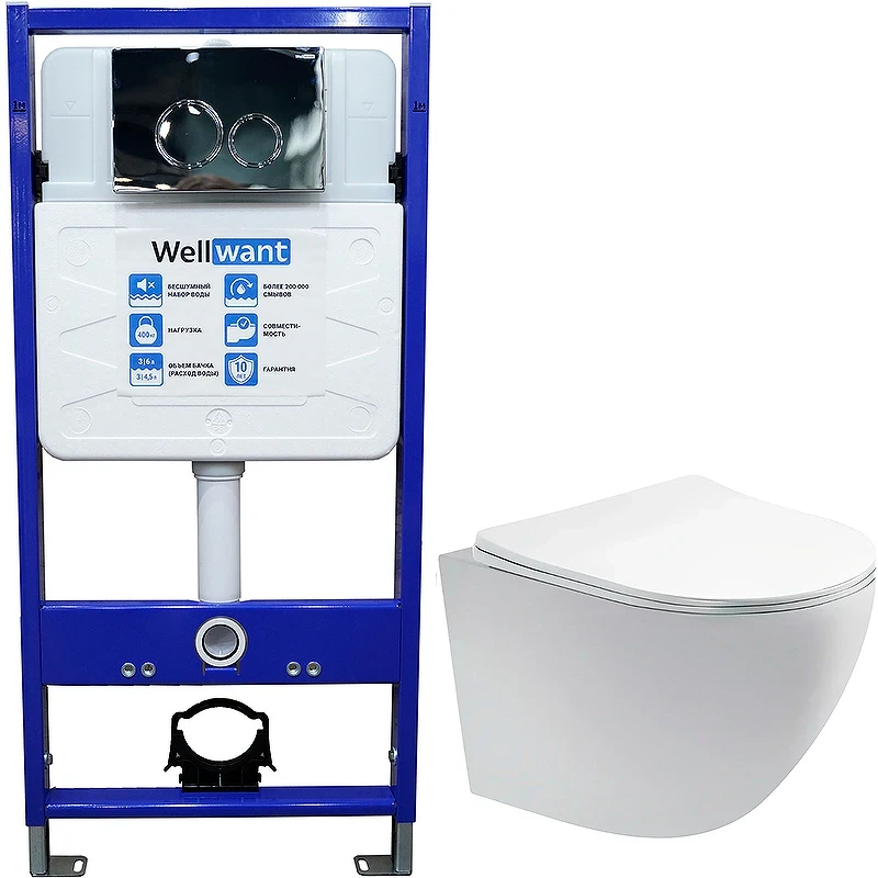 Комплект унитаза Aquatek Европа AQ1900-00 с инсталляцией WellWant Standart 50 WWISI1110B с сиденьем Микролифт и клавишей смыва Хром глянцевый фарфор подвесной