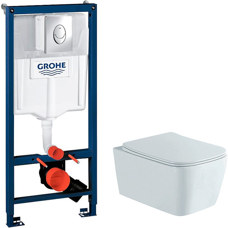 Комплект унитаза Aquatek Либра New AQ1148N-00 с инсталляцией Grohe Rapid SL 38721001 с сиденьем Микролифт и клавишей смыва Хром фарфор подвесной