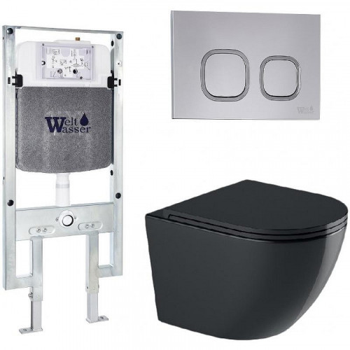 Комплект унитаза с инсталляцией WeltWasser AMBERG 497 ST + MERZBACH 041 XL MT-BL + AMBERG RD-CR 10000010939 цвет Черный матовый с сиденьем Микролифт и клавишей смыва цвет Хром