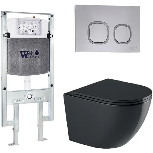 Комплект унитаза с инсталляцией WeltWasser AMBERG 497 ST + MERZBACH 041 XL MT-BL + AMBERG RD-CR 10000010939 цвет Черный матовый с сиденьем Микролифт и клавишей смыва цвет Хром