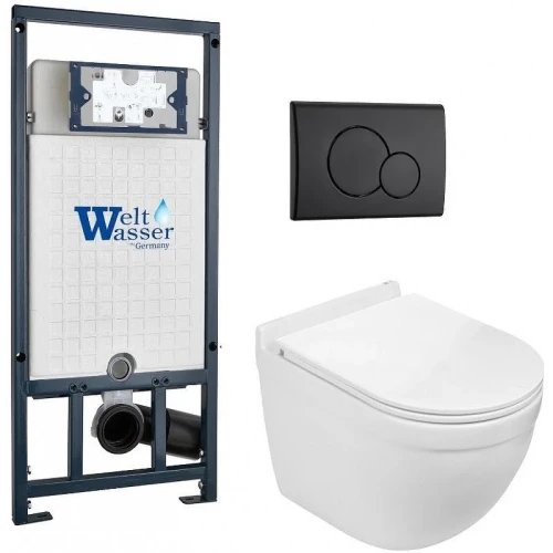 Комплект унитаза с инсталляцией WeltWasser MARBERG 507 + HEIMBACH 043 GL-WT + MAR 507 RD MT-BL 10000012165 цвет Белый глянцевый с сиденьем Микролифт и клавишей смыва цвет Черный матовый