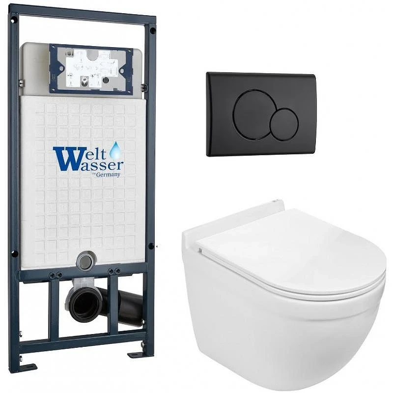 Комплект унитаза с инсталляцией WeltWasser MARBERG 507 + HEIMBACH 043 GL-WT + MAR 507 RD MT-BL 10000012165 цвет Белый глянцевый с сиденьем Микролифт и клавишей смыва цвет Черный матовый