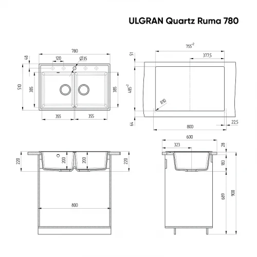 Кухонная мойка Ulgran Quartz Ruma 780-08 Космос искусственный камень (литьевой мрамор) встраиваемый
