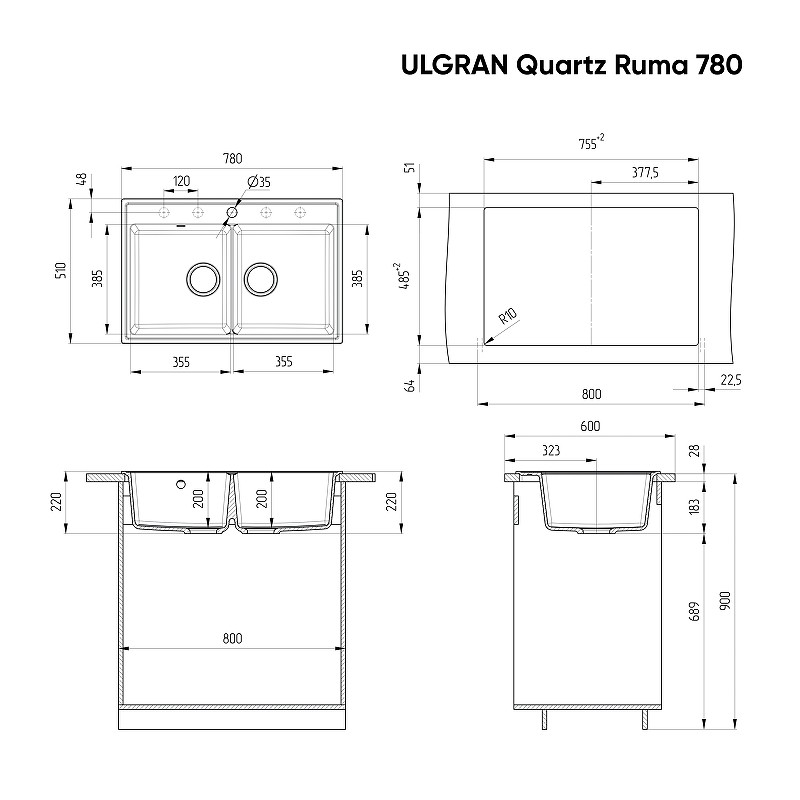 Кухонная мойка Ulgran Quartz Ruma 780-08 Космос искусственный камень (литьевой мрамор) встраиваемый