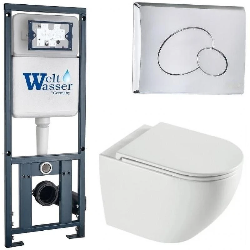 Комплект унитаза с инсталляцией WeltWasser MARBERG 410 + MERZBACH 043 XL GL-WT + MAR 410 RD-CR 10000013800 цвет Белый глянцевый с сиденьем Микролифт и клавишей смыва цвет Хром