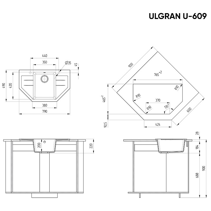 Кухонная мойка Ulgran Classic U-609-308 Черная искусственный камень (литьевой мрамор) встраиваемый