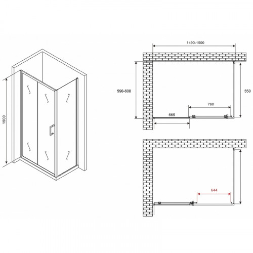Душевой уголок Abber Schwarzer Diamant 150x60 AG30150B5-S60B5 профиль Черный стекло прозрачное