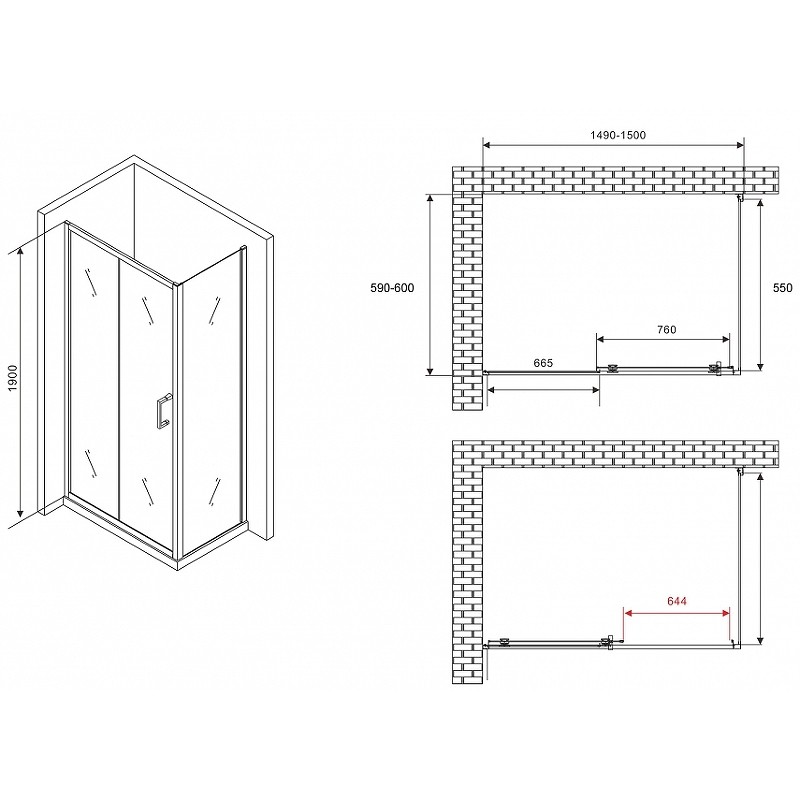 Душевой уголок Abber Schwarzer Diamant 150x60 AG30150B5-S60B5 профиль Черный стекло прозрачное