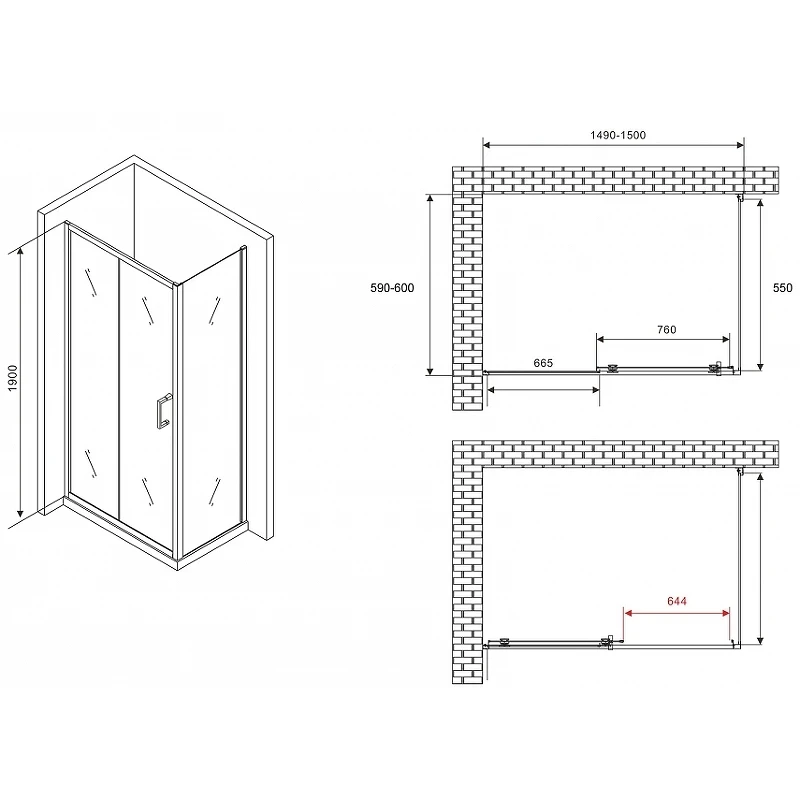 Душевой уголок Abber Schwarzer Diamant 150x60 AG30150B5-S60B5 профиль Черный стекло прозрачное