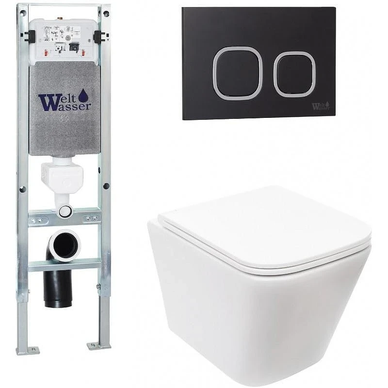 Комплект унитаза с инсталляцией WeltWasser AMBERG 350 ST + GELBACH 043 MT-WT + AMBERG RD-BL 10000011886 цвет Белый матовый с сиденьем Микролифт и клавишей смыва цвет Черный