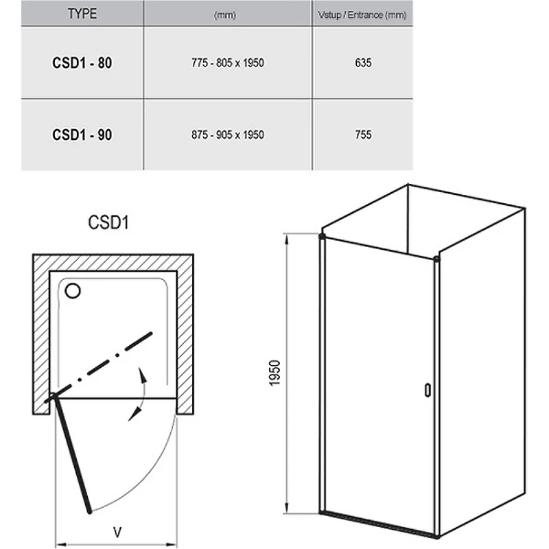 Душевая дверь Ravak Chrome CSD1-90 0QV70100Z1 профиль Белый стекло Transparent