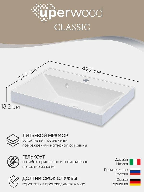 Раковина Uperwood Classic 50 2911020335 цвет Белый глянцевый