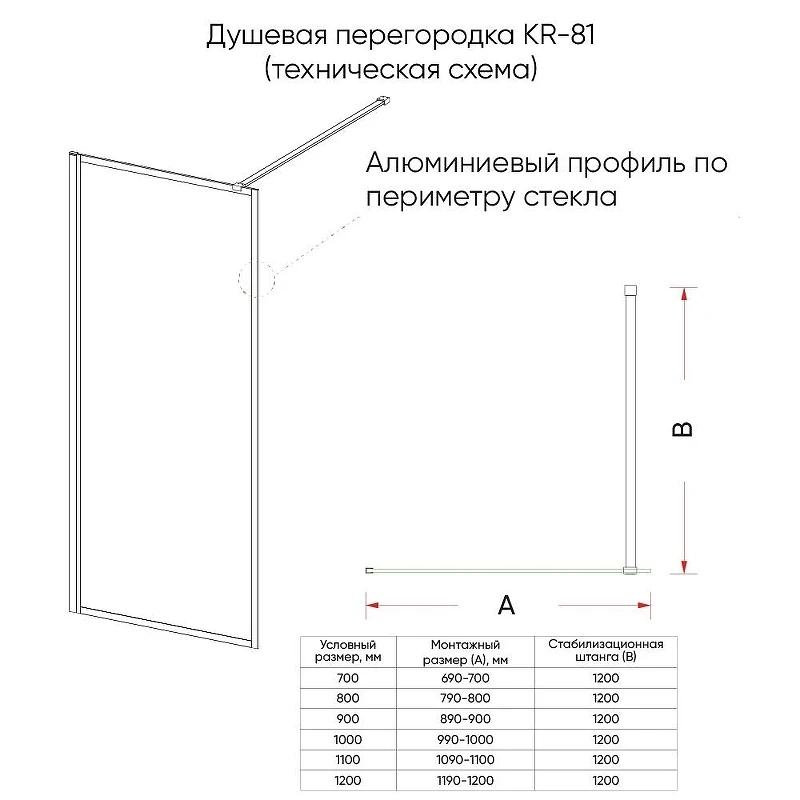 Душевая перегородка Veconi Korato KR-81B 120 KR81B-120-01-C4 профиль цвет Черный матовый стекло прозрачное