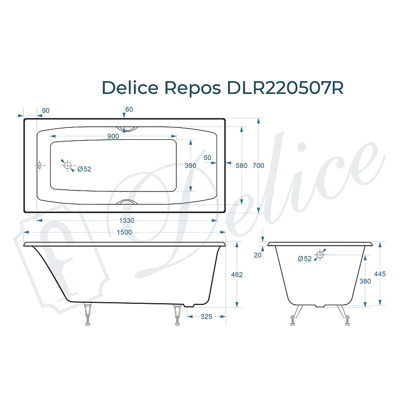 Чугунная ванна Delice Repos 150x70 DLR220507RB с черными матовыми ручками без антискользящего покрытия