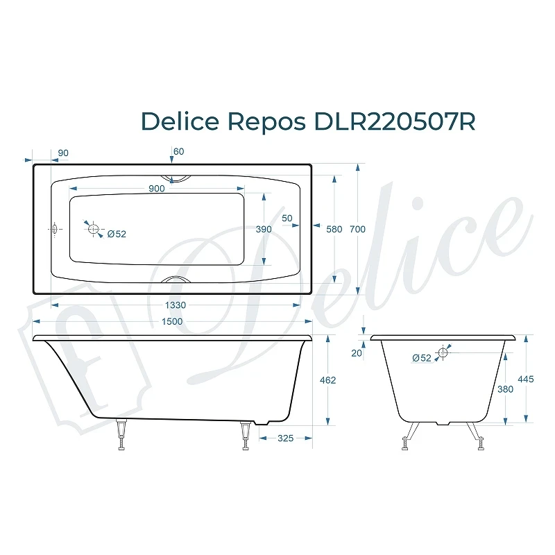 Чугунная ванна Delice Repos 150x70 DLR220507RB с черными матовыми ручками без антискользящего покрытия