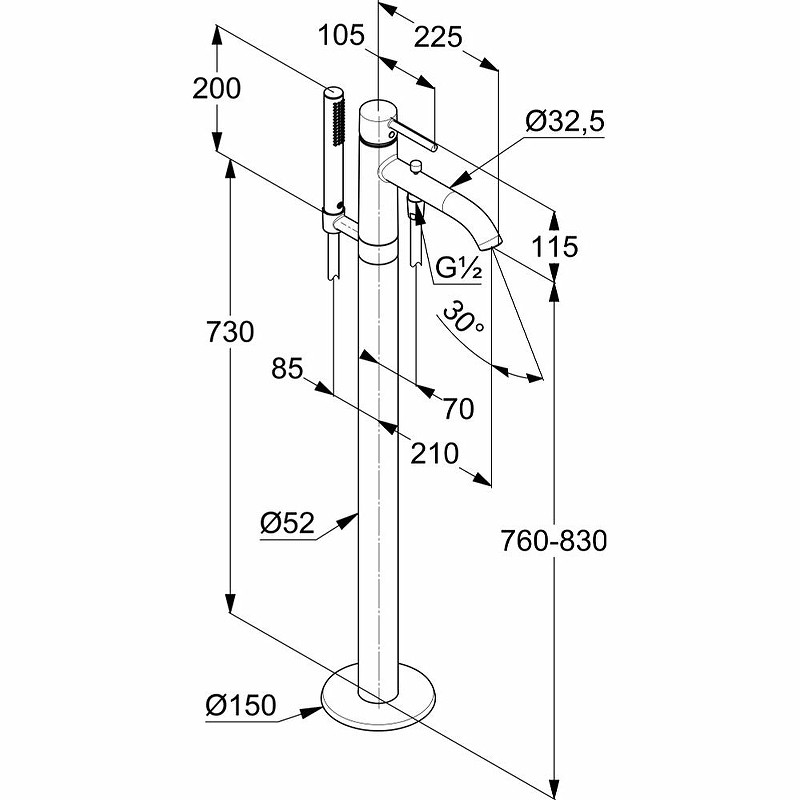 Смеситель для ванны Kludi Bozz 385903976 Черный матовый латунь на пол