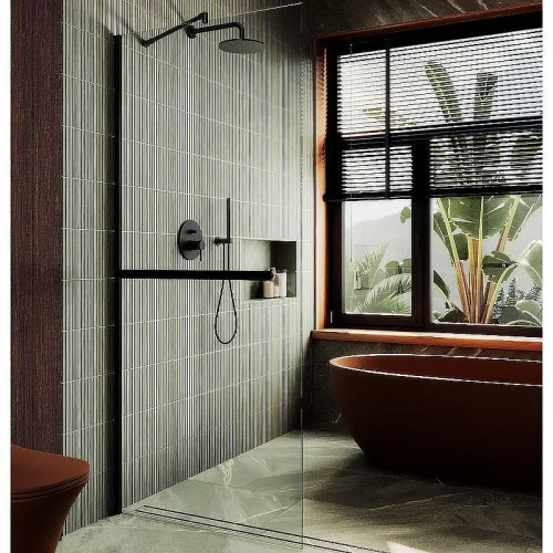 Душевая перегородка Maybah Glass MGD-714-6ш 1190х1950 в широком профиле с полотенцедержателем Черный стекло прозрачное