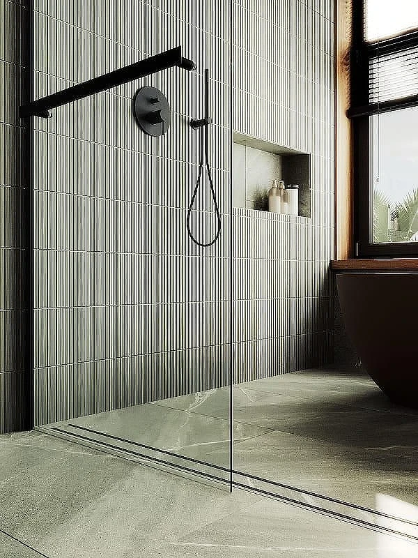 Душевая перегородка Maybah Glass MGD-714-6ш 1190х1950 в широком профиле с полотенцедержателем Черный стекло прозрачное