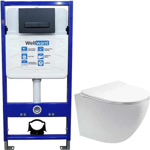 Комплект унитаза Aquatek Европа AQ1900-00 с инсталляцией WellWant Standart 50 WWISI111BB с сиденьем Микролифт и Черной матовой клавишей смыва фарфор подвесной