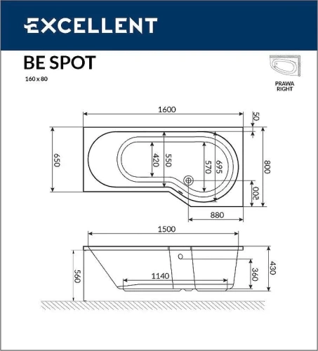 Акриловая ванна Excellent Be Spot 160x80 R WAEX.BSP16.SOFT.BR с гидромассажем