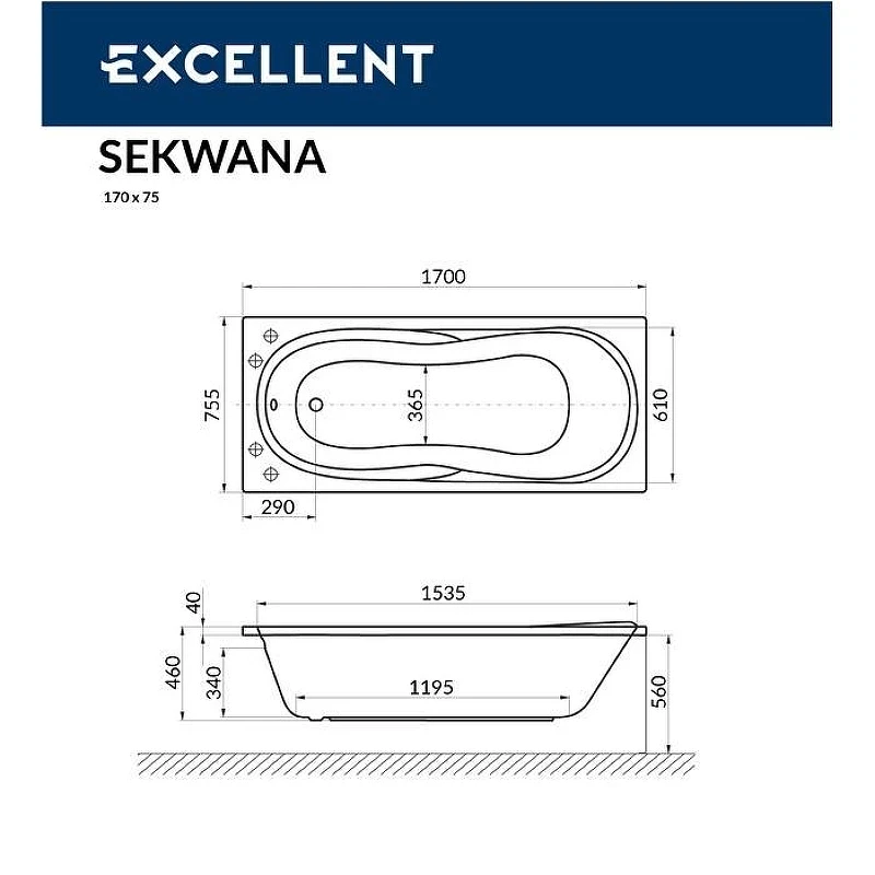 Акриловая ванна Excellent Sekwana 170x75 WAEX.SEK17.LINENANO.CR цвет Белый с гидромассажем форсунки Хром