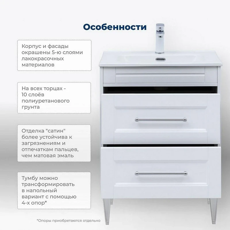 Тумба с раковиной Aquanet Бостон New 70 345365 подвесная Белый сатин