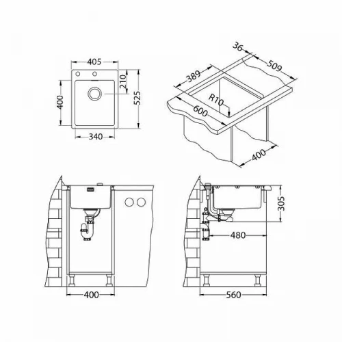 Кухонная мойка Alveus Pure 10 KMB-90 405x525 1103607 Брашированная сталь нержавеющая сталь встраиваемый
