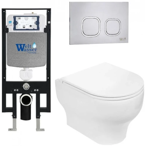 Комплект унитаза с инсталляцией WeltWasser AMBERG 497 + ERLENBACH 004 GL-WT + AMBERG RD-MT CR 10000006595 цвет Белый глянцевый с сиденьем Микролифт и клавишей смыва цвет Хром матовый