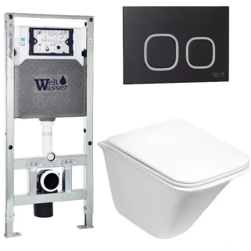 Комплект унитаза с инсталляцией WeltWasser AMBERG 506 ST + ROTBACH 004 GL-WT + AMBERG RD-BL 10000006919 цвет Белый глянцевый с сиденьем Микролифт и клавишей смыва цвет Черный