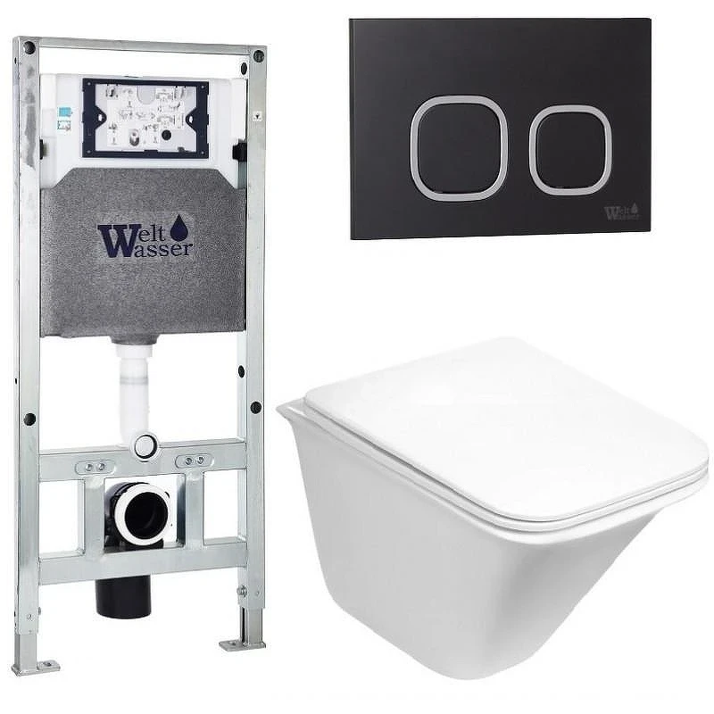 Комплект унитаза с инсталляцией WeltWasser AMBERG 506 ST + ROTBACH 004 GL-WT + AMBERG RD-BL 10000006919 цвет Белый глянцевый с сиденьем Микролифт и клавишей смыва цвет Черный