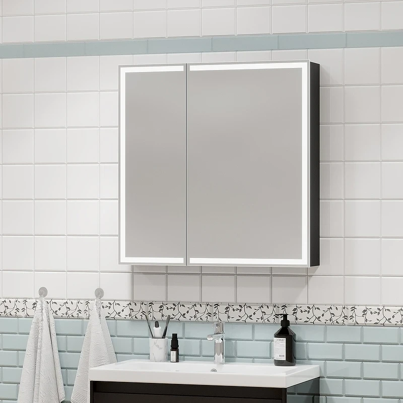 Зеркальный шкаф Континент Mirror Box black Led 80 МВК052 с подсветкой Черный МДФ / ЛДСП, стекло