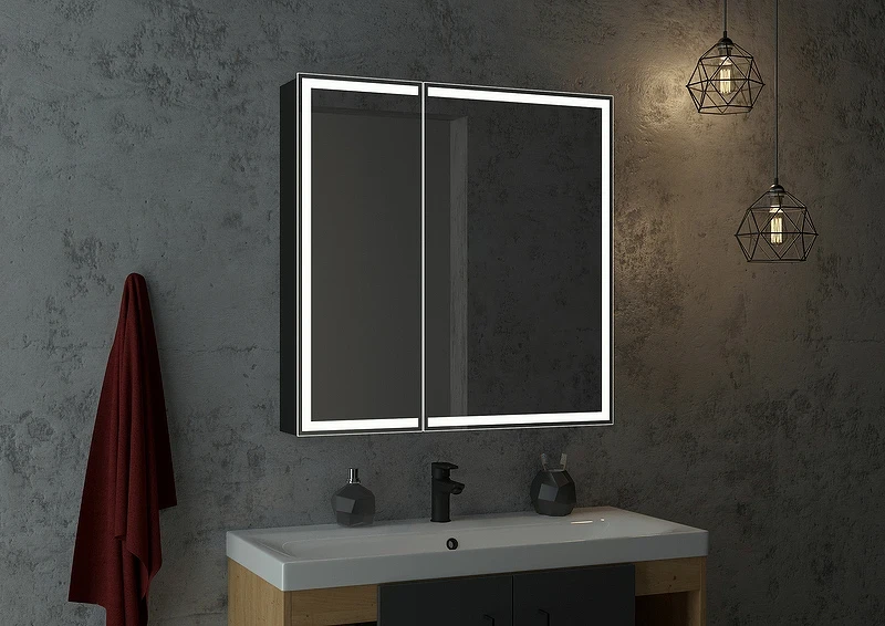 Зеркальный шкаф Континент Mirror Box black Led 80 МВК052 с подсветкой Черный МДФ / ЛДСП, стекло