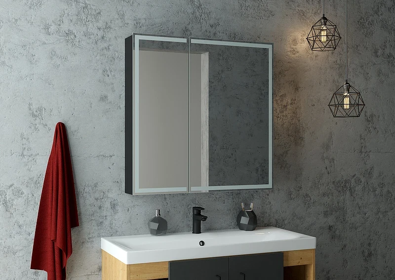 Зеркальный шкаф Континент Mirror Box black Led 80 МВК052 с подсветкой Черный МДФ / ЛДСП, стекло