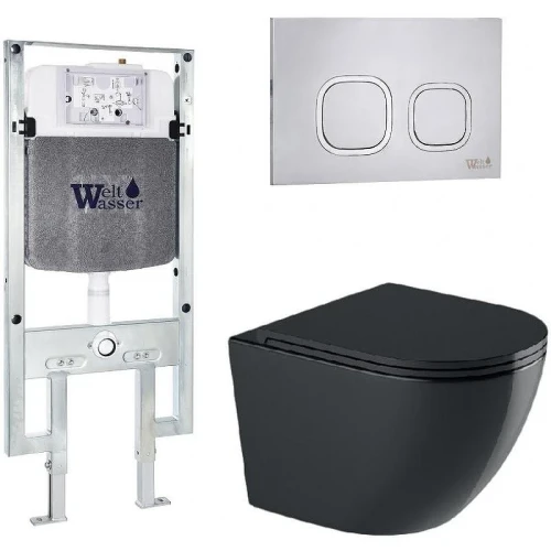 Комплект унитаза с инсталляцией WeltWasser AMBERG 497 ST + MERZBACH 041 XL MT-BL + AMBERG RD-MT CR 10000010940 цвет Черный матовый с сиденьем Микролифт и клавишей смыва цвет Хром матовый