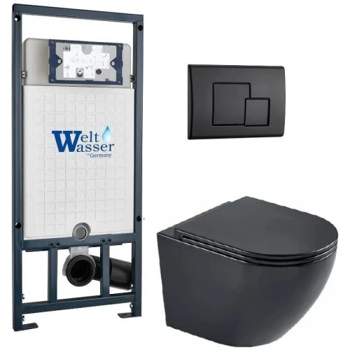 Комплект унитаза с инсталляцией WeltWasser MARBERG 507 + MERZBACH 043 MT-BL + MAR 507 SE MT-BL 10000011362 цвет Черный матовый с сиденьем Микролифт и клавишей смыва цвет Черный матовый