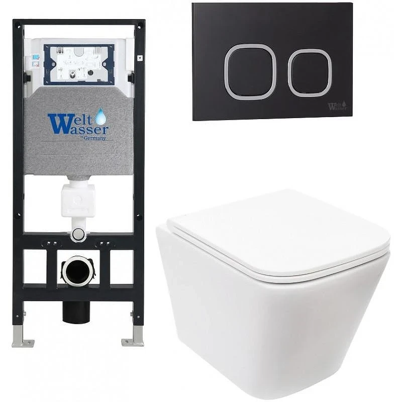 Комплект унитаза с инсталляцией WeltWasser AMBERG 506 + GELBACH 043 MT-WT + AMBERG RD-BL 10000011901 цвет Белый матовый с сиденьем Микролифт и клавишей смыва цвет Черный